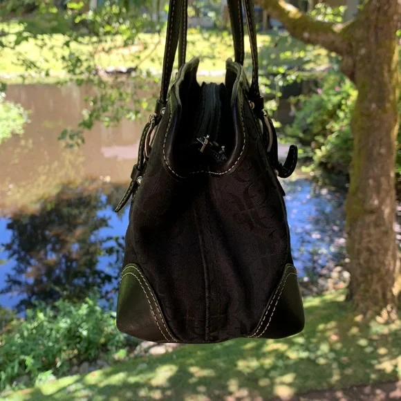 Vintage Fossil Shoulder bag large black leather canvas silver hardware Y2K - Picture 7 of 15